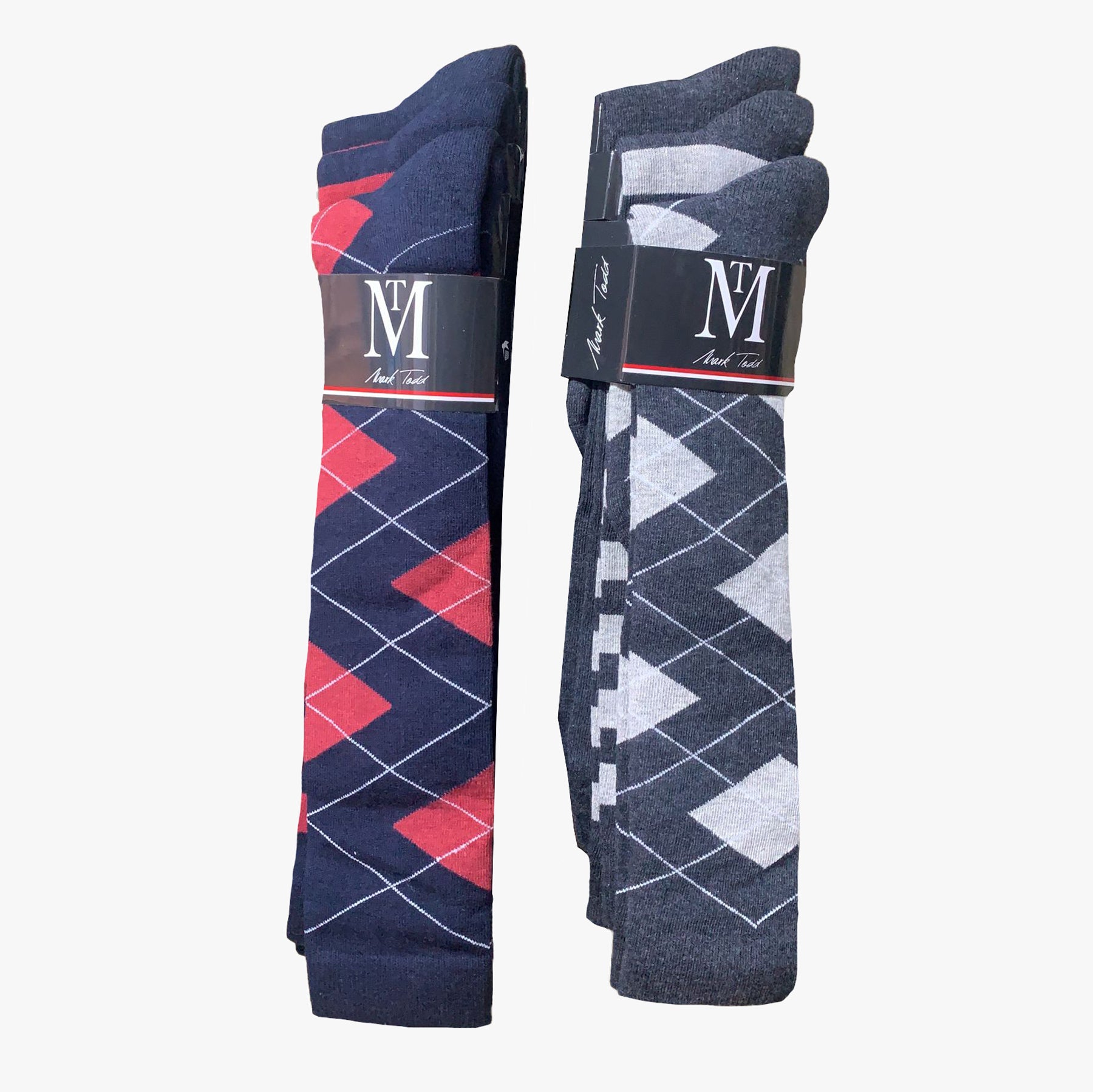 Mark Todd long riding socks in navy/red and grey/white