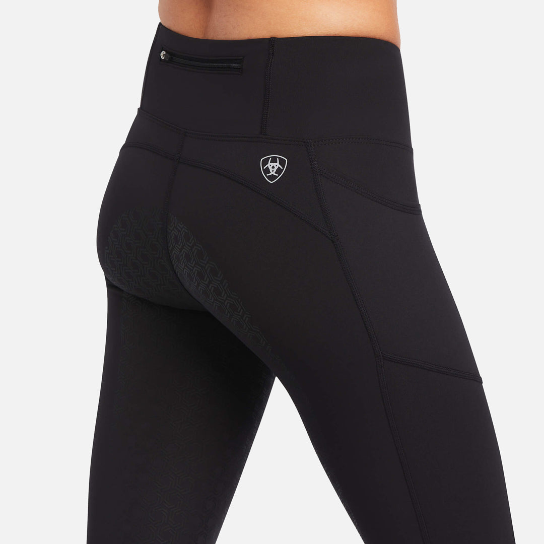 Ariat EOS Full Seat Riding Tights on model showing the sticky bum feature, back pocket and ariat logo