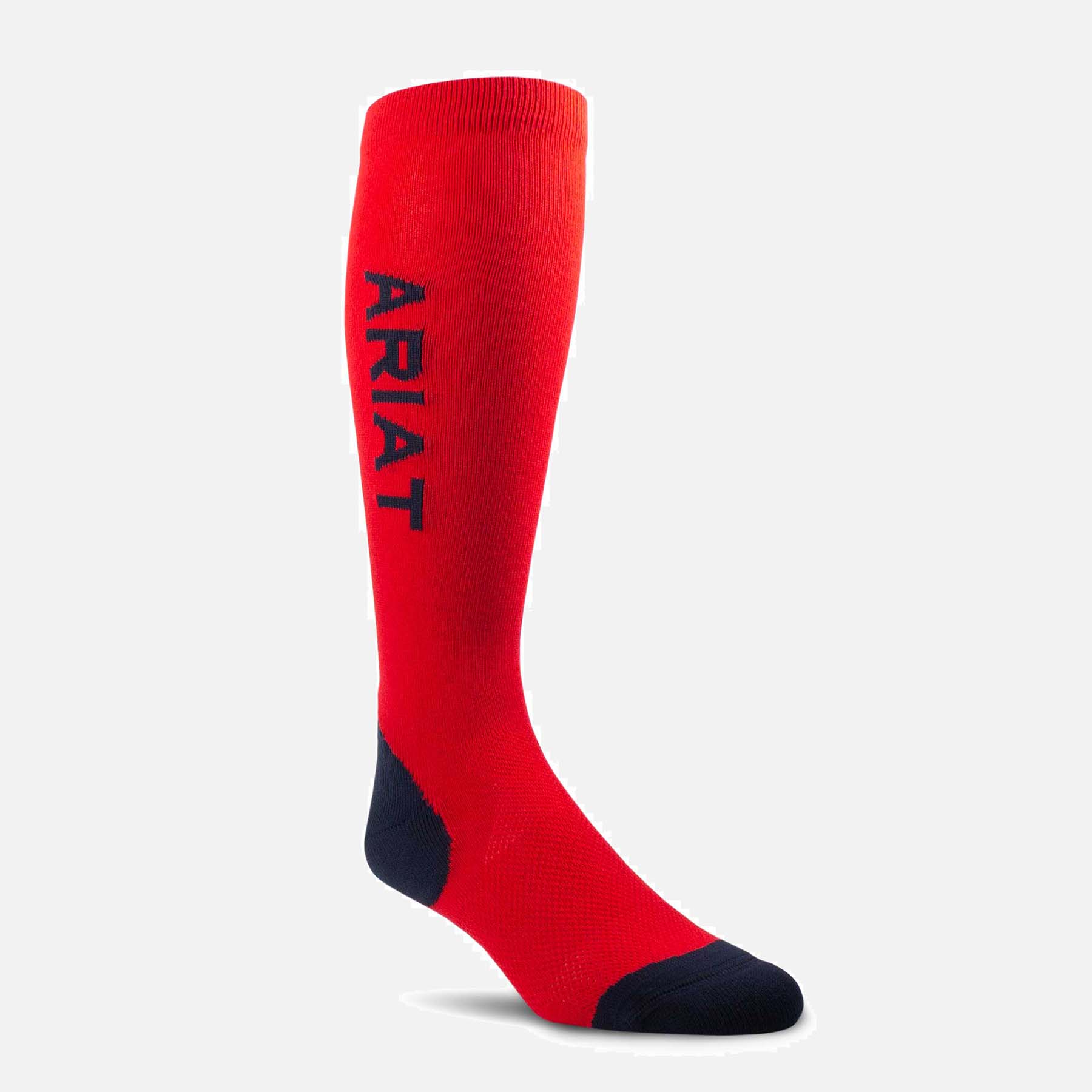Ariat Tek Performance Socks in Red, side view showing Ariat logo in navy blue