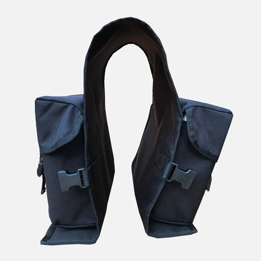 Freerein equipment saddle bag, front view showing how the bag sits behind the saddle.