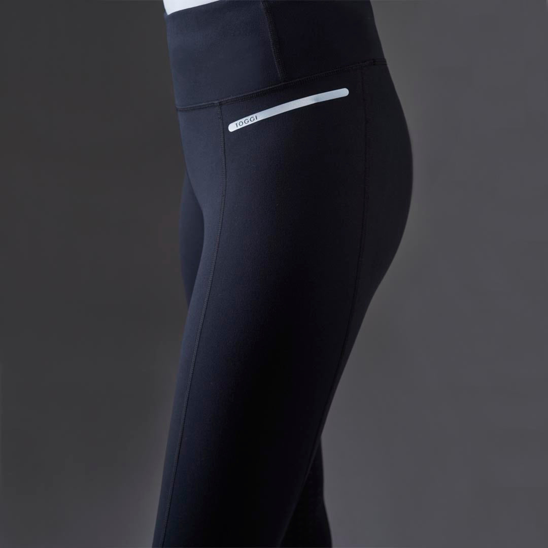 Toggi Sculptor Riding Tights in black, side view showing branding